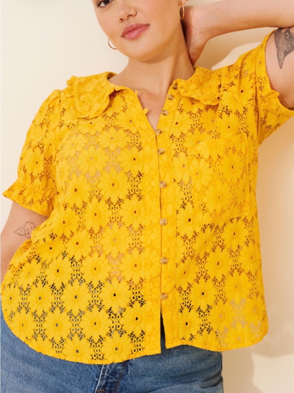 Pilcro Yellow Lace Floral Button-Front Blouse